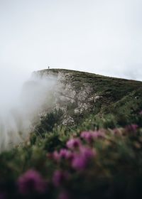 Low angle view of cliff against sky at bucegi natural park