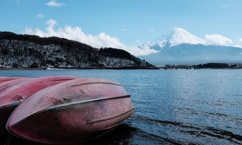 Scenic view of lake by snowcapped mountains against sky