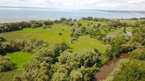 High angle view of agricultural field by sea against sky