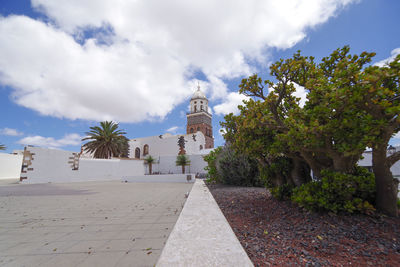 Footpath amidst trees and buildings against sky