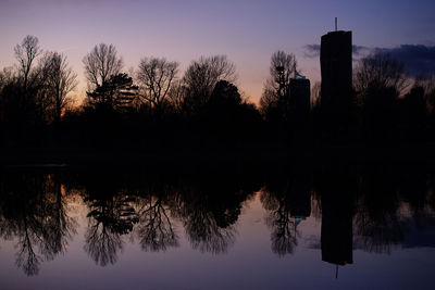 Reflection of bare trees in lake