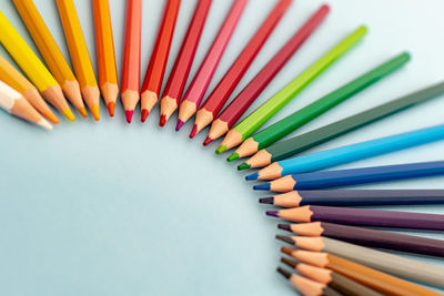 High angle view of multi colored pencils on table