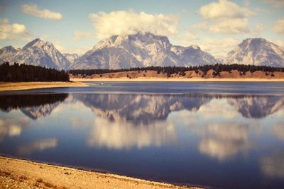 Mountains reflecting on calm lake