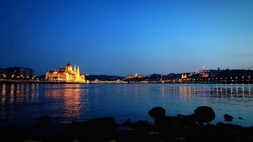 Reflection of illuminated buildings in water at dusk