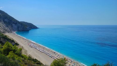Scenic view of sea against clear blue sky