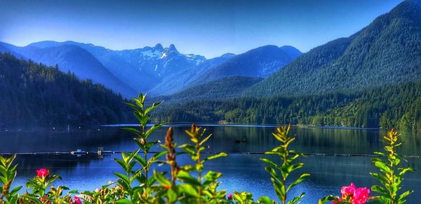 Scenic view of lake and mountains against sky