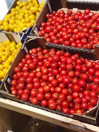 High angle view of strawberries in container