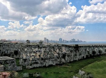 Buildings against cloudy sky