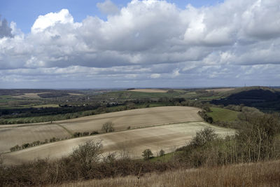 Scenic view of field against cloudy sky