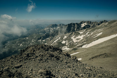 Aerial view of snowcapped mountains against sky