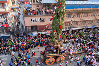 High angle view of people in city