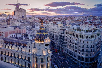 Madrid from the circulo de bellas artes at sunset with colourful sky. madrid, spain