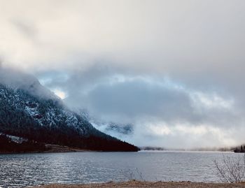 Scenic view of lake against sky during winter