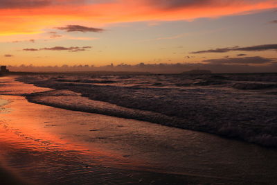 Scenic view of beach against sky during sunset