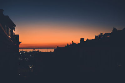 Silhouette buildings against clear sky during sunset