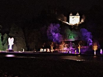 People standing by illuminated building at night