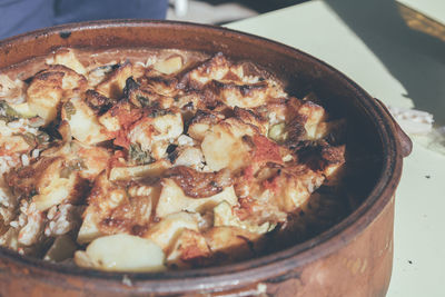 High angle view of meat in container on table