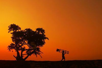 Silhouette tree on field against orange sky