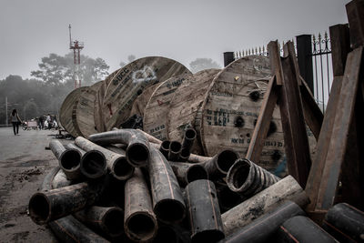 Stack of equipment against sky