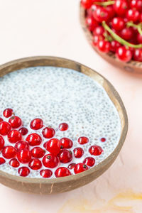 High angle view of strawberries in bowl on table