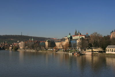 River amidst buildings in city against clear blue sky