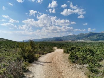 Dirt road along landscape and against sky