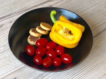 High angle view of fruits in bowl on table