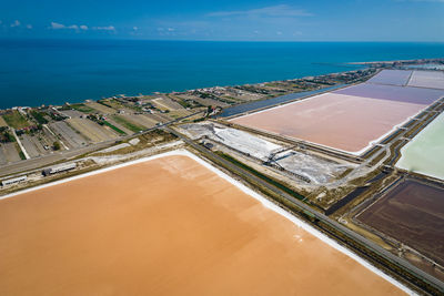 Aerial view of the salt pan in margherita di savoia, unesco heritage from above, apulia