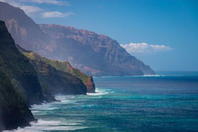 Scenic view of sea and mountains against sky