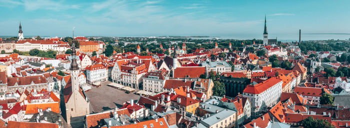 High angle shot of townscape against sky