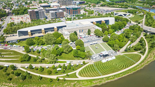 High angle view of buildings in city