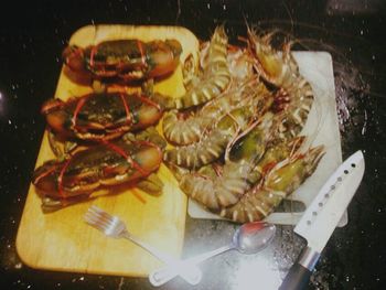 High angle view of seafood served in plate