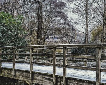 Footbridge over river in forest during winter