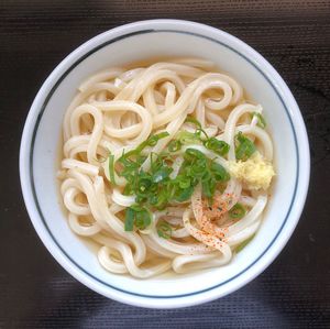 High angle view of noodles in bowl on table