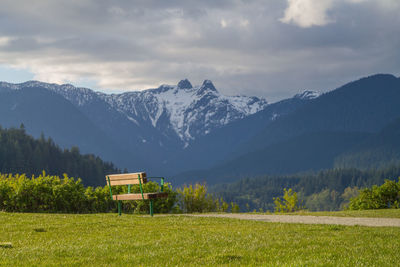 Scenic view of mountains against cloudy sky