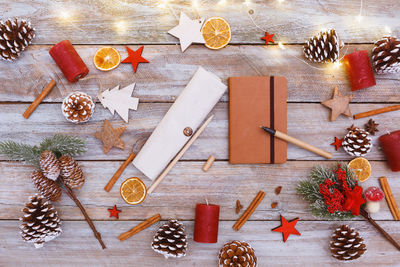 High angle view of christmas decorations on table