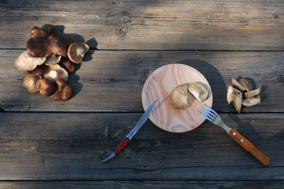 High angle view of mushrooms on table