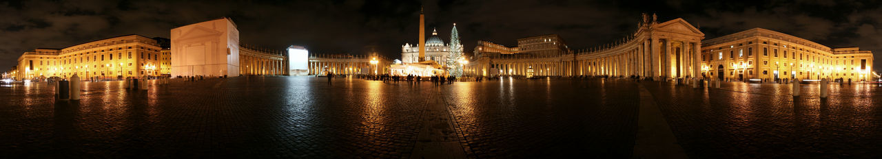 Panoramic view of illuminated buildings at night