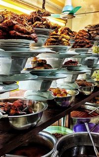 High angle view of food for sale in restaurant