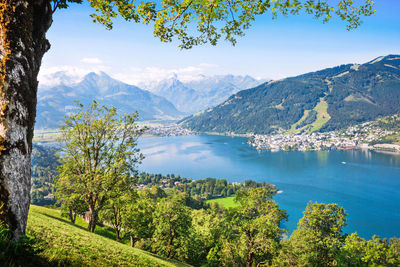 Scenic view of lake and mountains against sky