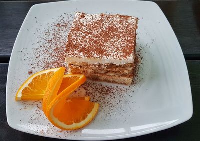 High angle view of dessert in plate on table