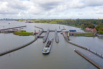 High angle view of bridge over river against sky