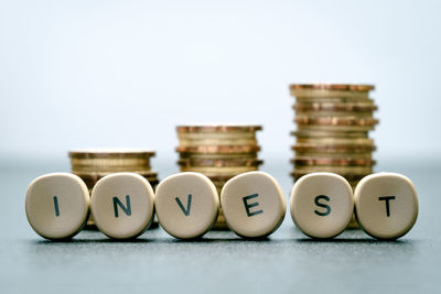 Close-up of objects on table against white background