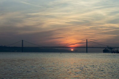 Suspension bridge over sea against sky during sunset