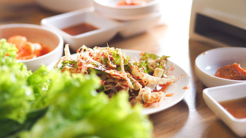 Close-up of food in plate on table