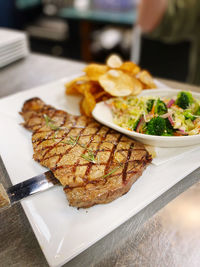 High angle view of food in plate on table