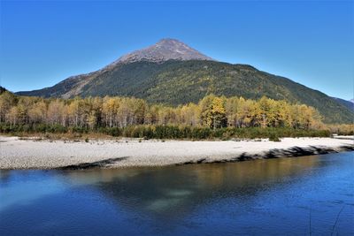 Scenic view of lake and mountains against clear blue sky