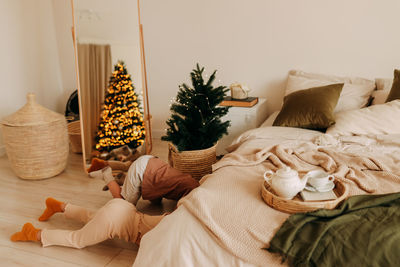 Potted plant on bed at home