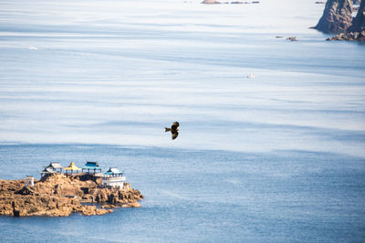 Scenic view of sea against clear sky during winter