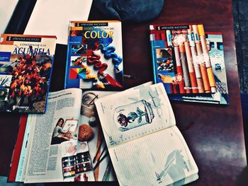 High angle view of books on table